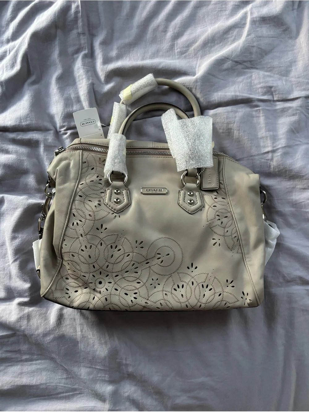 Coach Ashley Leather Satchel Handbag with Cut-out Floral design